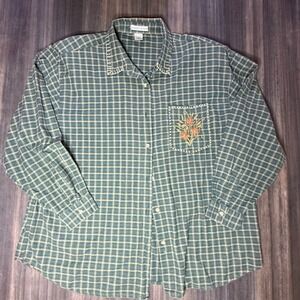 Womens 2X Plaid Button shirt Green Tan Floral Embroidered grannycore cottagecore